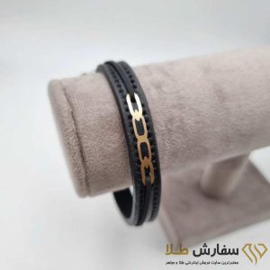 دستبند چرم تیکه طلا -کد 9