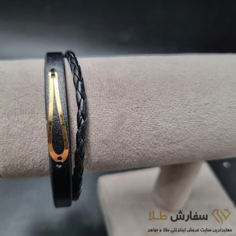 1 دستبند چرم مشکی وسط طلا ST5276 - Image 1