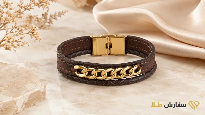 خرید دستبند چرم و طلا مردانه